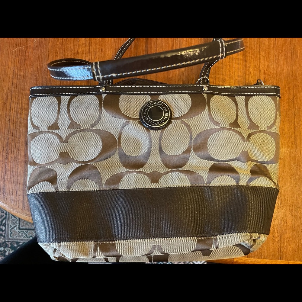 Coach Signature Stripe Brown Khaki Tote Shoulder Bag #F19046